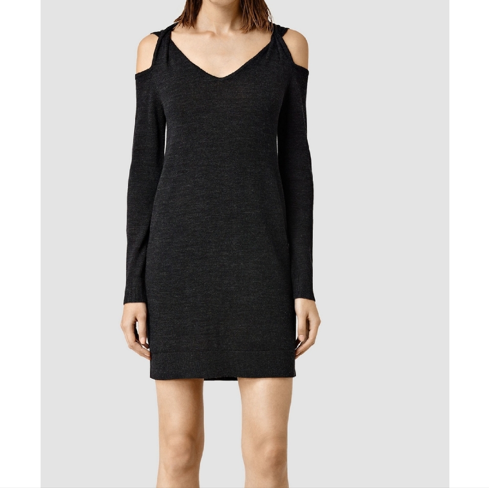 All Saints Neri Merino Wool Twist Shoulder Baring Long Sleeve Shift Dress